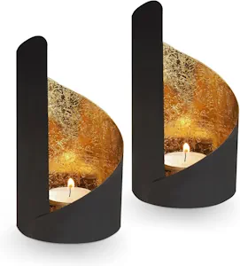 Gadgy Teelichthalter Schwarz Gold - Windlicht Esstisch Deko 2er Set - Teelichthalter Metall Wohnzimmer Modern - Windlicht Metall Deko schwarz - Tischdeko Windlichter schwarz - Wohndeko Set