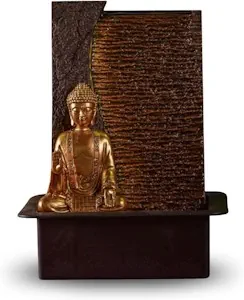 Zen'Light - Zimmerbrunnen Buddha Jati abnehmbar mit gelbem LED-Band - Zen-Dekor Ideal für Meditation und Entspannung - Leise Wasserpumpe - Glücksbrunnen mit geschlossenem Kreislauf - H 40cm